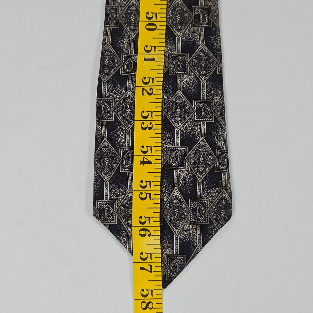 Vintage 90s Villa Bugatti Italian Silk Geometric Paisley Tie Navy Gold 3.75 x 58 - Picture 9 of 10